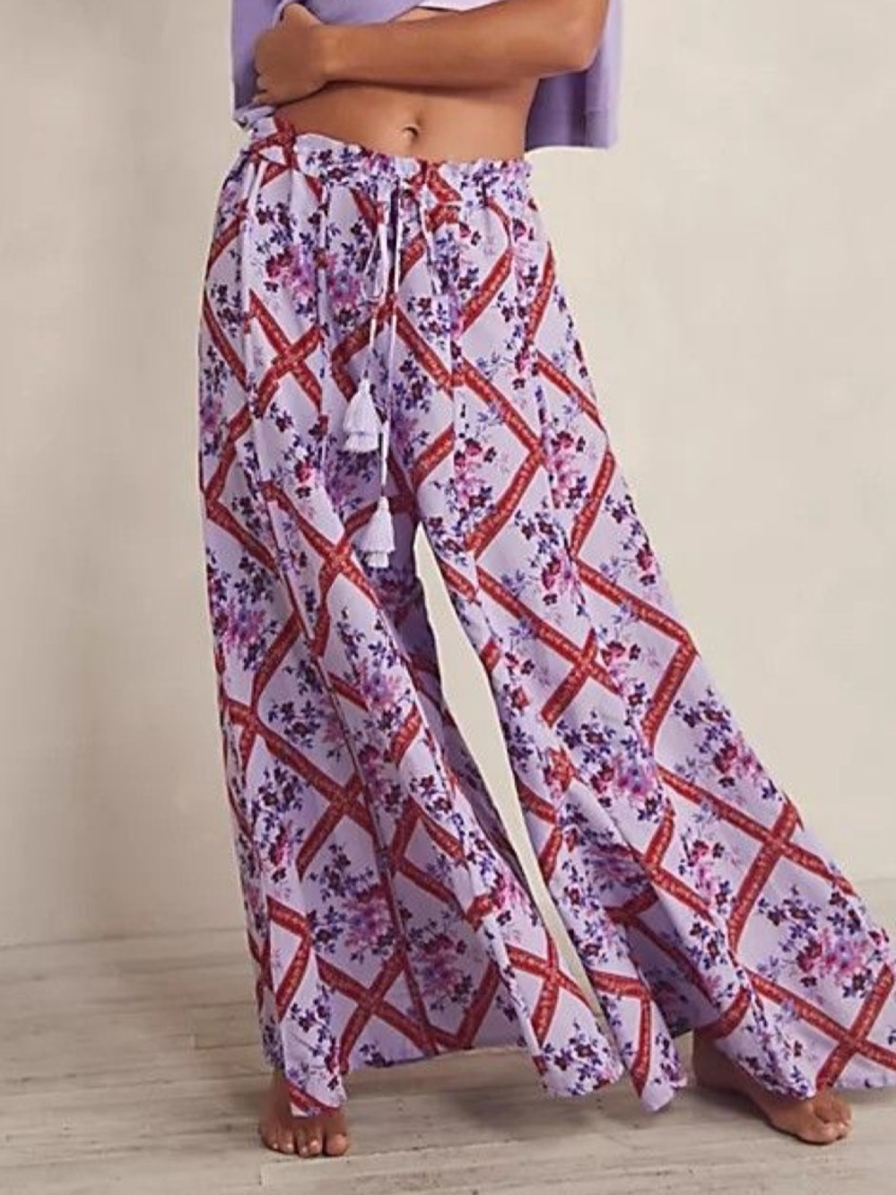 Free People Lavender and Red Floral Wide Leg Pants